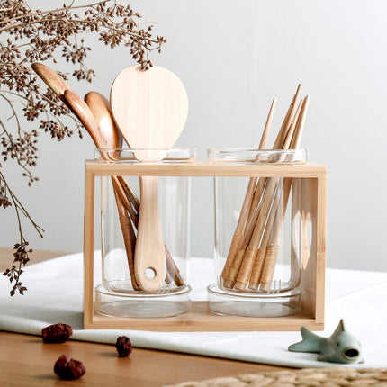 Wooden Utensil Holder ❤️ – 2 Glass Pots, Heart Design