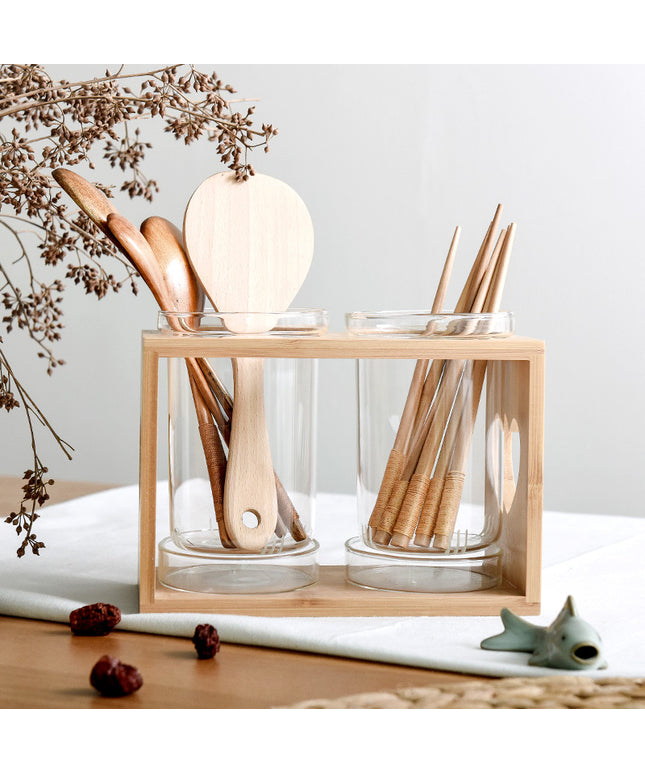 Wooden Utensil Holder ❤️ – 2 Glass Pots, Heart Design