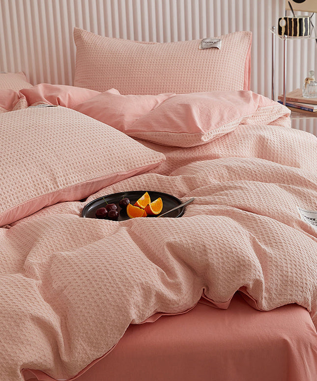 Simple Waffle Cotton Bedding Set – Single/Double with Flat or Fitted Sheet | Ikeame