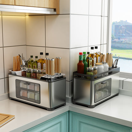 Stainless Steel Kitchen Storage Cabinet – Transparent Door, 6 Spice Boxes, Silver/Black | Ikeame