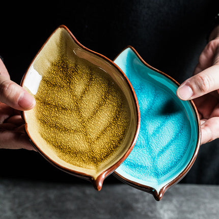 Creative Ice Cracked Ceramic Plate With Leaves Simple