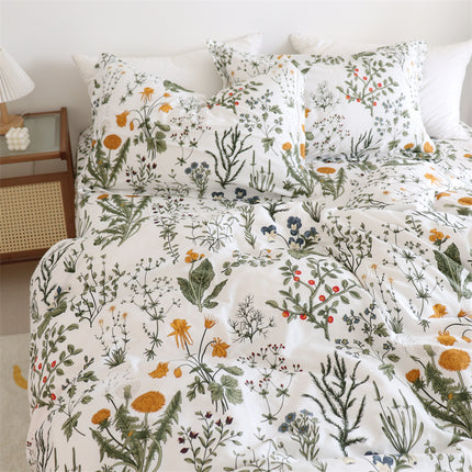 Pure Cotton Bed Sheet Set – Wildflower Dandelion Print in Yellow, Green & White (Single–Super King)