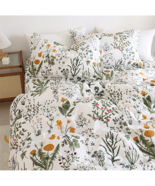 Pure Cotton Bed Sheet Set – Wildflower Dandelion Print in Yellow, Green & White (Single–Super King)