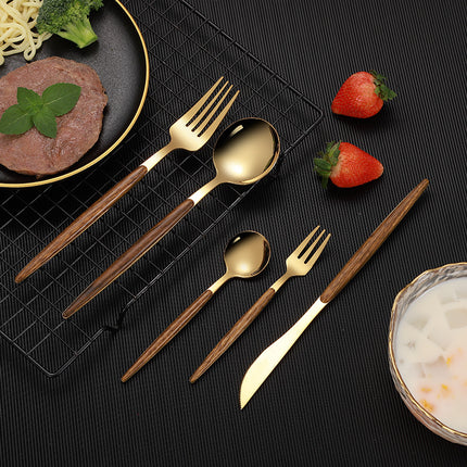 Gold Stainless Steel Cutlery Set with Wood Handle – 5-Piece Set