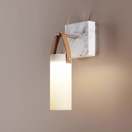 Glass Wall Lantern with Handle – Frosted Glass, Marble & Iron | LED Wall Light