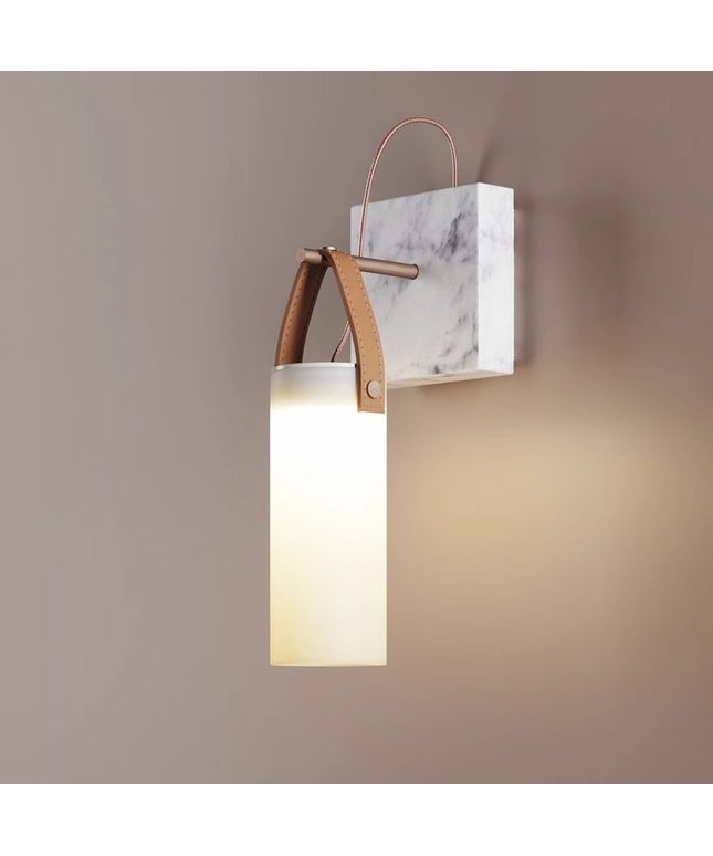 Glass Wall Lantern with Handle – Frosted Glass, Marble & Iron | LED Wall Light