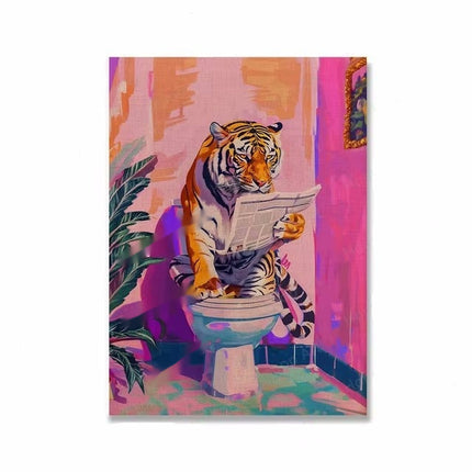 Funny Tiger in Bathroom Poster – Jungle Animal Canvas Wall Art