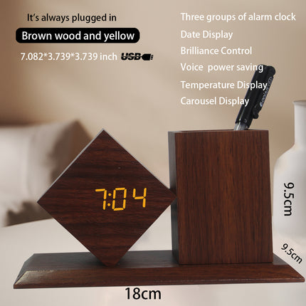 Wooden LED Pen Holder Clock – Desk Organiser with Alarm & Voice Activation