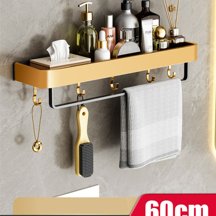 Bathroom Towel Storage Rack – Aluminium Shelf with Hooks | Ikeame