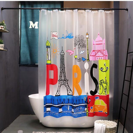 “Love in Paris” Cartoon EVA Shower Curtain — Thickened & Mildew-Proof