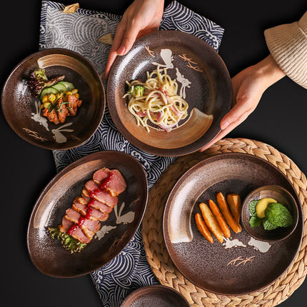 Luxury Moon Rabbit Ceramic Tableware 🌙 – Bowl & Plates, Earthen Brown