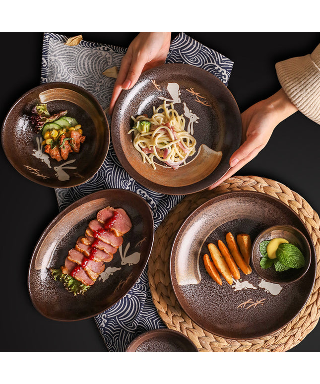 Luxury Moon Rabbit Ceramic Tableware 🌙 – Bowl & Plates, Earthen Brown