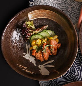 Luxury Moon Rabbit Ceramic Tableware 🌙 – Bowl & Plates, Earthen Brown