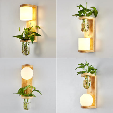 Simple Wooden Wall Lamp with Shelf or Hydroponic Glass Vase