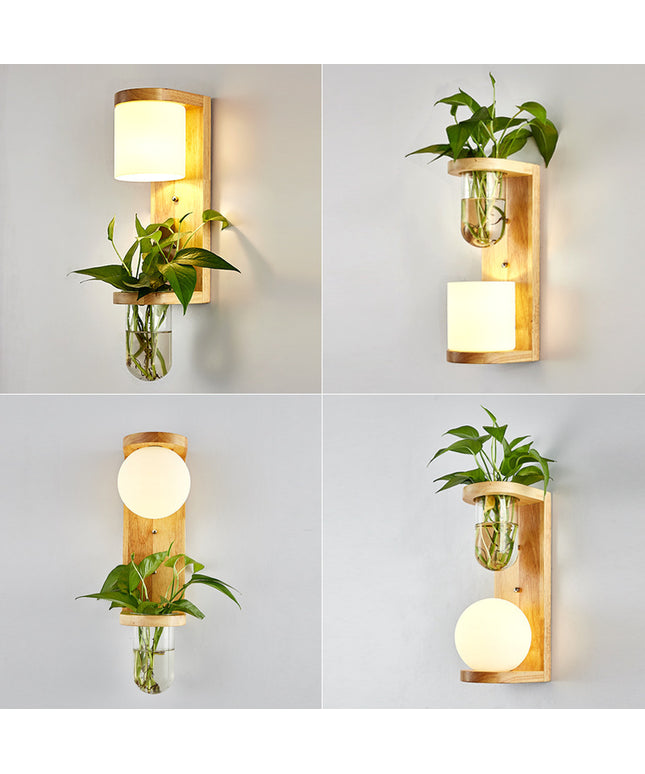 Simple Wooden Wall Lamp with Shelf or Hydroponic Glass Vase