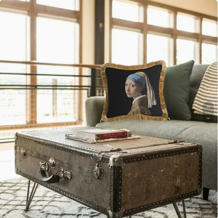 Vintage Oil Painting Cushion – Girl with Earrings