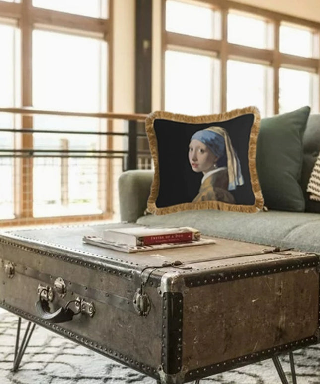 Vintage Oil Painting Cushion – Girl with Earrings