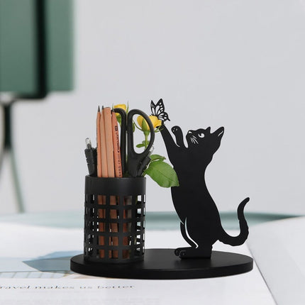 Black Metal Cat Pen Holder – Minimalist Desk Organiser