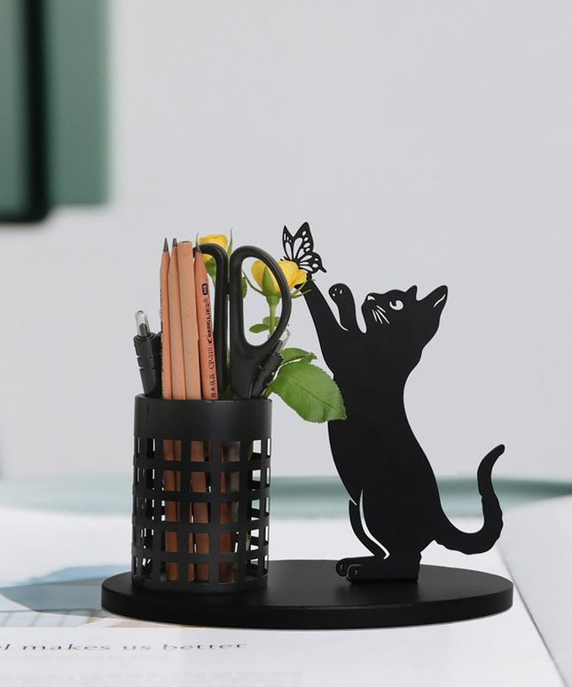Black Metal Cat Pen Holder – Minimalist Desk Organiser