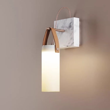 Glass Wall Lantern with Handle – Frosted Glass, Marble & Iron | LED Wall Light