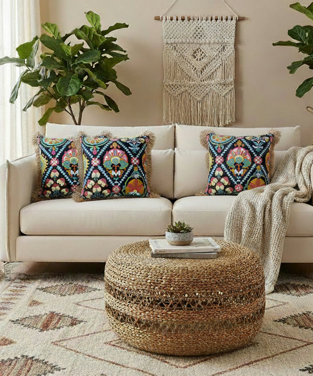 Vintage Boho Embroidered Cushion Cover | Fringe Pillowcase