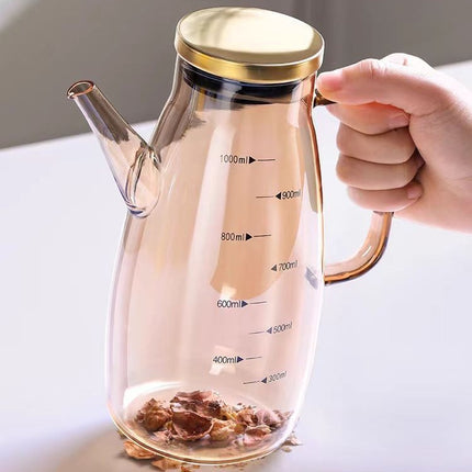 Borosilicate Glass Condiment Bottle – Jug with Spout, Gold Handle & Lid