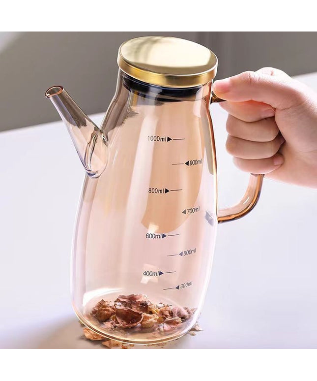Borosilicate Glass Condiment Bottle – Jug with Spout, Gold Handle & Lid