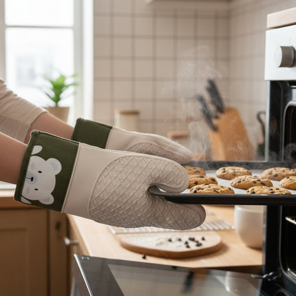 Little Bear Oven Gloves 🐻 – Silicone, Cotton, Dual Layer Heat-Resistant