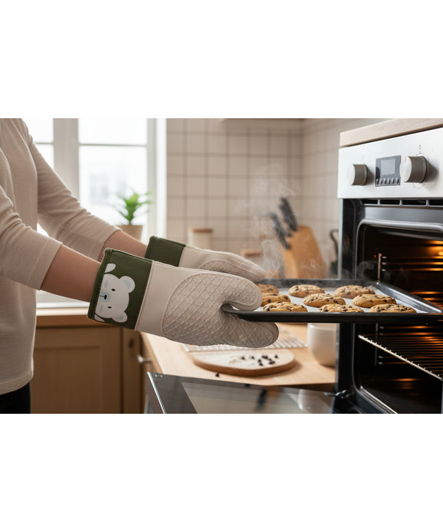 Little Bear Oven Gloves 🐻 – Silicone, Cotton, Dual Layer Heat-Resistant