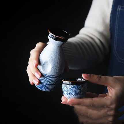 Ceramic Sake Set 🌊 – Blue & White Ripple Wave, Jug & 4 Cups