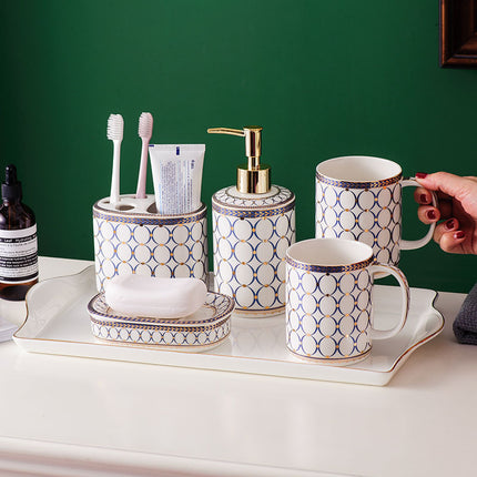 Nordic Ceramic Bathroom Set – 5 or 6 Pieces | Blue & Gold on White