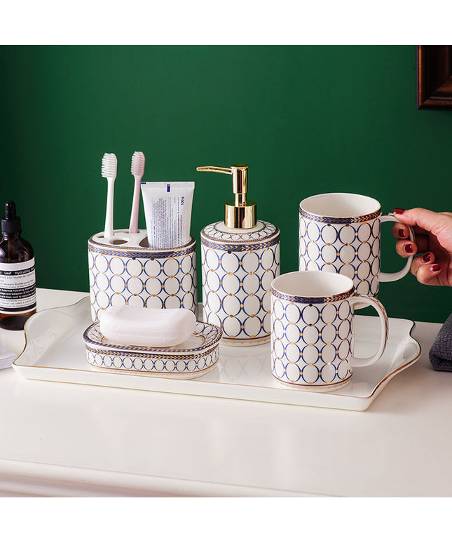 Nordic Ceramic Bathroom Set – 5 or 6 Pieces | Blue & Gold on White