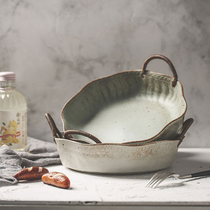 Vintage Rough Pottery Serving Dish with Handles – 21cm | Grey or Green
