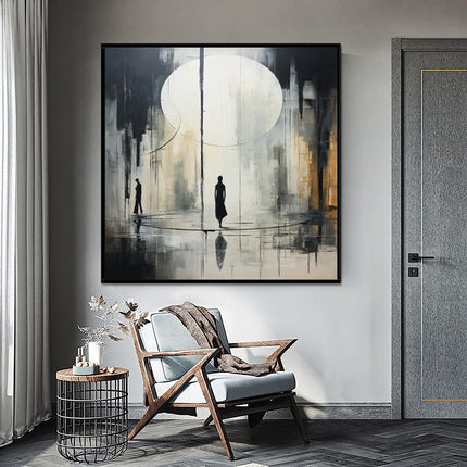 Hand-Painted Rainy Street Oil Painting | Black & White Canvas Art