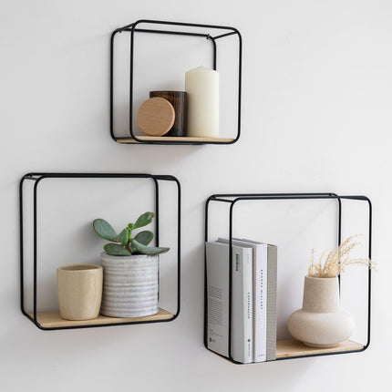 Cuboid Wall Shelves - No Drill Iron Wood Storage Set