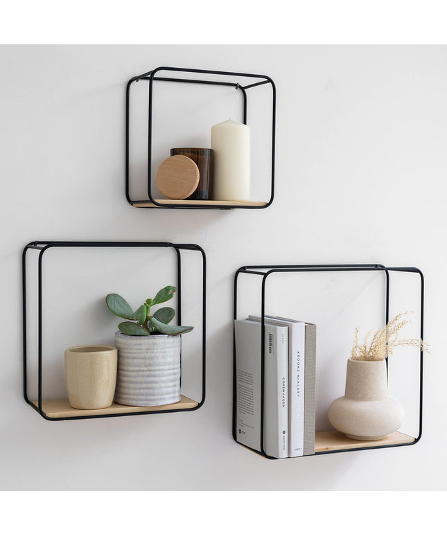 Cuboid Wall Shelves - No Drill Iron Wood Storage Set