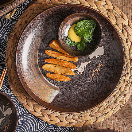 Luxury Moon Rabbit Ceramic Tableware 🌙 – Bowl & Plates, Earthen Brown
