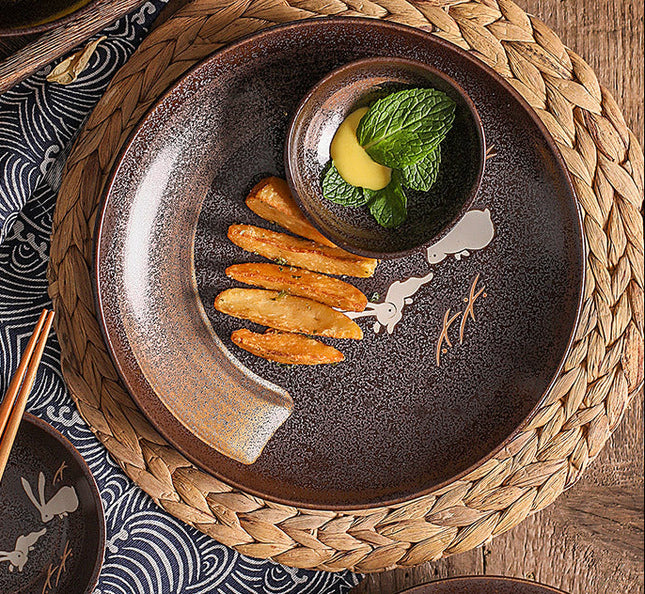Luxury Moon Rabbit Ceramic Tableware 🌙 – Bowl & Plates, Earthen Brown