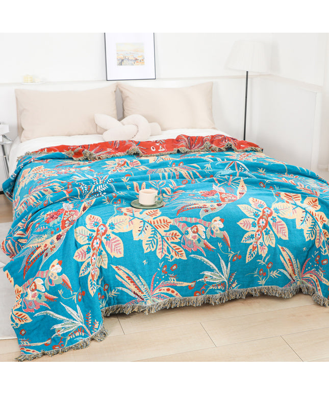 Reversible Cotton Summer Blanket | Blue Floral Throw