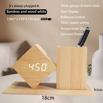 Wooden LED Pen Holder Clock – Desk Organiser with Alarm & Voice Activation