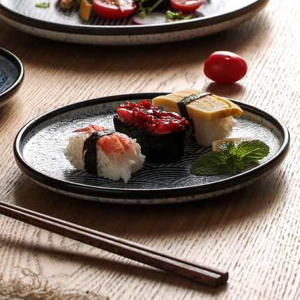 Japanese-Style Ceramic Plates – Blue & White Wave or Grid Patterns | Ikeame