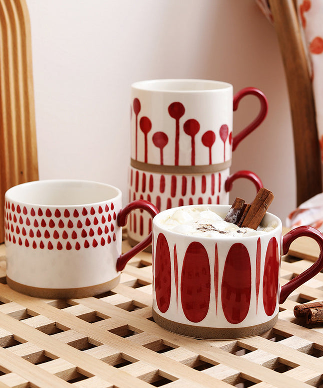 Hand Painted Ceramic Mug | Red and White Coffee Cup 450ml