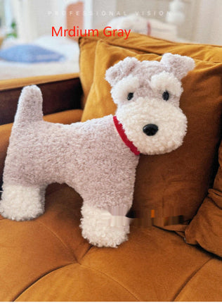 Plush Schnauzer Dog Cushion – Soft Grey & White with Red Collar