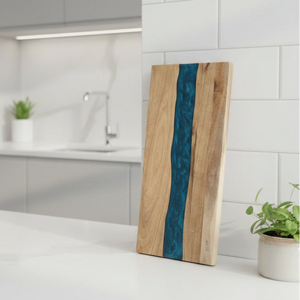 Solid Wood & Deep Blue Resin Chopping Board 🌊 – Acacia Mangium