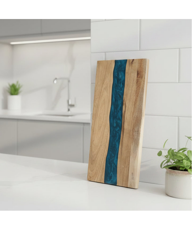 Solid Wood & Deep Blue Resin Chopping Board 🌊 – Acacia Mangium