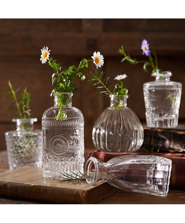 Vintage Embossed Glass Vase Set | Mini Tabletop Bud Vases