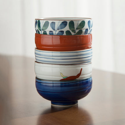Luxury Ceramic Bowl Set of 5 – Handcrafted Blue & Red Designs | 350ml