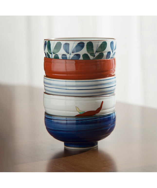 Luxury Ceramic Bowl Set of 5 – Handcrafted Blue & Red Designs | 350ml