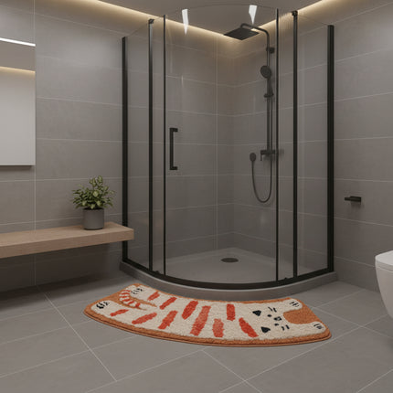 🌈 Fun Curved Bathroom Absorbent Floor Mat – Rainbow & Stretch Cat Design