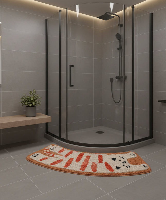 🌈 Fun Curved Bathroom Absorbent Floor Mat – Rainbow & Stretch Cat Design
